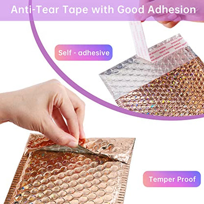 50 Pcs Metallic Bubble Mailers,Holographic Bubble Mailers,Poly Padded Envelopes,Waterproof Self Seal Adhesive Shipping Bags,Holographic Envelopes for Mailing,Packing,Small Business,Thicken (Rose Gold)