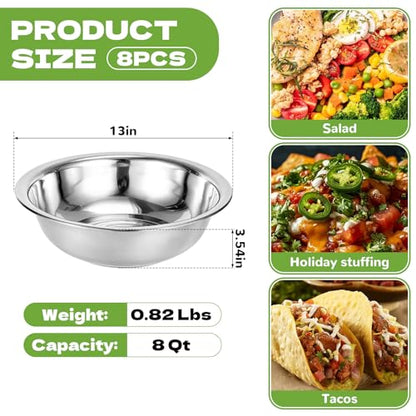 8 PCS Stainless Steel Mixing Bowls 13 Inch 8 Qt Extra Large Metal Basin with Mirror Finish, Heavy-Duty Salad Dough Bowl Kitchen Prep Bowl Dishwasher Safe Dish Tub for Home & Commercial Cooking