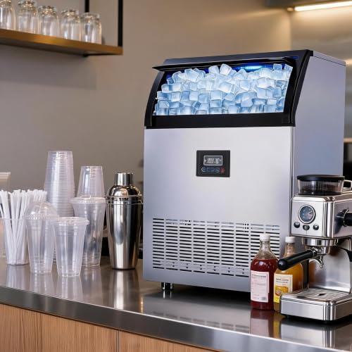 Commercial Ice Maker – 250 Lbs/24h Production, 60 Lbs Storage Bin, 50 Cubes Per 15 Minutes, Adjustable Thickness, Built-in/Freestanding, Self-Cleaning, ETL Certified – for Home, Bar, Restaurant