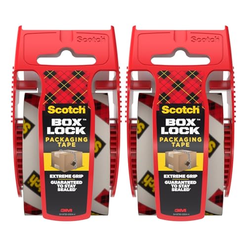 Scotch Box Lock Packaging Tape with Dispenser, 1.88 inch x 800 inch (22.2 yd), 2 Rolls, Clear Heavy Duty Packing/Shipping Tape, Extreme Grip – Sticks Instantly to Any Box for Secure Seal - size: 2 Rolls