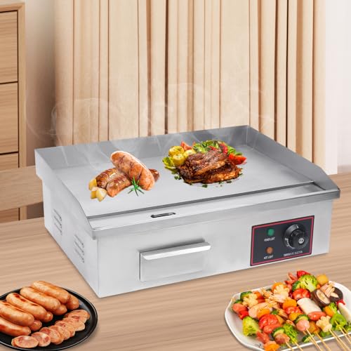 Commercial Electric Griddle, 21"x12" Teppanyaki Grill 1600W Electric Flat Top Heavy Duty Grill, 122-572°F Stainless Steel Countertop Griddle w/Drip Hole & Non-Stick Cooking Plate for Restaurant use