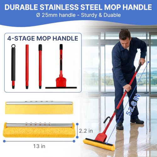 Commercial Sponge Mop for Floor Cleaning with 2 Compressed Cellulose Heads - size: 1 mop +2 mop heads