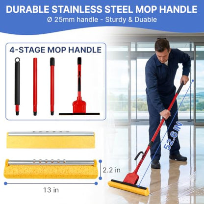 Commercial Sponge Mop for Floor Cleaning with 2 Compressed Cellulose Heads - size: 1 mop +2 mop heads