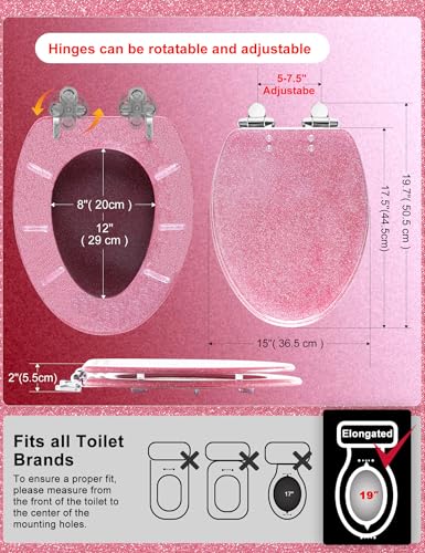 Angol Shiold ELONGATED Pink Glitter Resin Slow Close Toilet Seat 18.5Inch - color: Pink Glitter