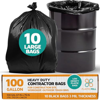 PlasticMill Contractor Bags Heavy Duty, 100-Gallon, Black, 10-Count - color: Black