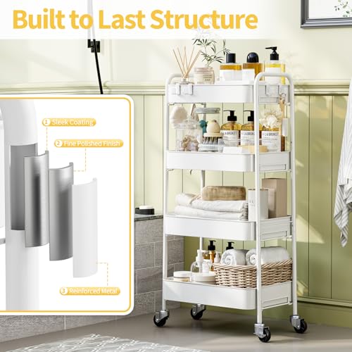 TOOLF 4 Tier Metal Rolling Cart, Utility Storage Cart with Wheels, White - color: White, size: 4-Tier