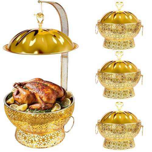 8QT Gold Chafing Dish Buffet Set, Luxury Stainless Steel Food Warmer, Elegant Hollow-Out Design Catering Server for Weddings, Parties, Hotel, Banquets, Christmas & Home Entertaining（4 pcs） - color: Gold01