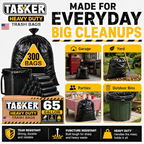 TASKER 300 Bags, 64-65 Gallon Trash Bags Heavy Duty, Large Black Garbage Bags, Wide Mouth Trash Can Liners for 60, 64, 65 and 70 Gallon Cans to Fit Toter Cart Liners for Outdoor Lawn Yard Cleanup - size: 300 Count (Pack of 1)