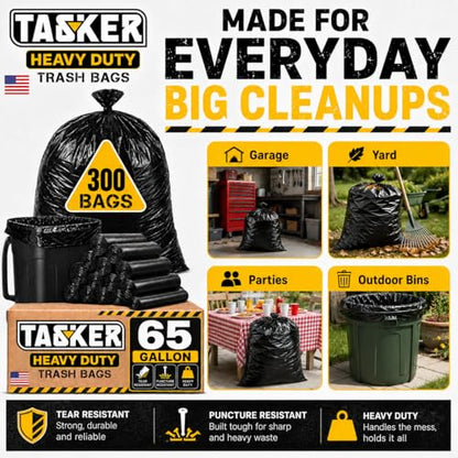 TASKER 300 Bags, 64-65 Gallon Trash Bags Heavy Duty, Large Black Garbage Bags, Wide Mouth Trash Can Liners for 60, 64, 65 and 70 Gallon Cans to Fit Toter Cart Liners for Outdoor Lawn Yard Cleanup - size: 300 Count (Pack of 1)
