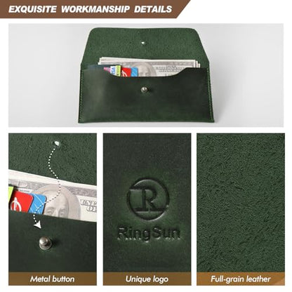 Ringsun Leather Money Cash Envelopes Wallet for Men, Money Bag Pouch Reusable Budget Envelope Wallet, Retro Clutch Wallet, Green - color: Green