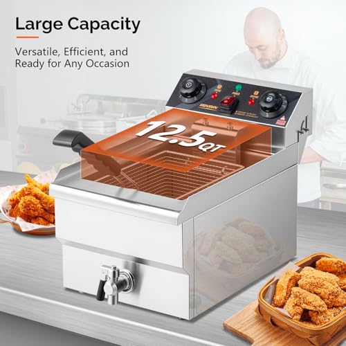 ROVSUN 12.5QT Electric Deep Fryer, 1700W Commercial Deep Fryer with Basket, Drain, 60-Min Timer, Overheat Protection, Temp Control & Baskets, Stainless Steel Countertop Fryer for Restaurant - size: Single Fryer with Timer & Drain-12.5QT