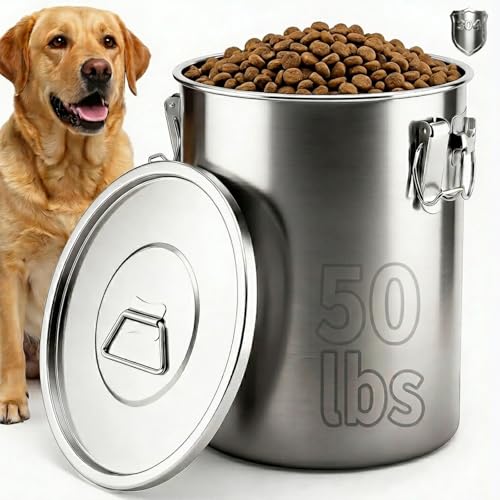 304 Stainless Steel Dog Food Storage Container, 50LB/55LB Airtight Pet Food Container with Locking Lid & Silicone Seal, Large Metal Food Storage Bin for Dry Dog/Cat Food, Rice, Flour (50 LBS) - size: 50 LBS