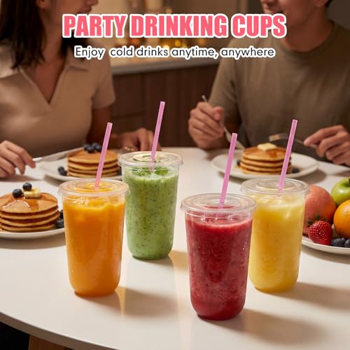 Ziliny 50 Pack 20 oz Plastic Cups with Lids Straws Iced Coffee, Pink - color: Pink, size: 20 oz