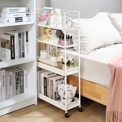 KINGRACK 4 Tier Slim Rolling Cart, Metal Utility Storage Cart with Wheels - color: White, size: 4-Tier