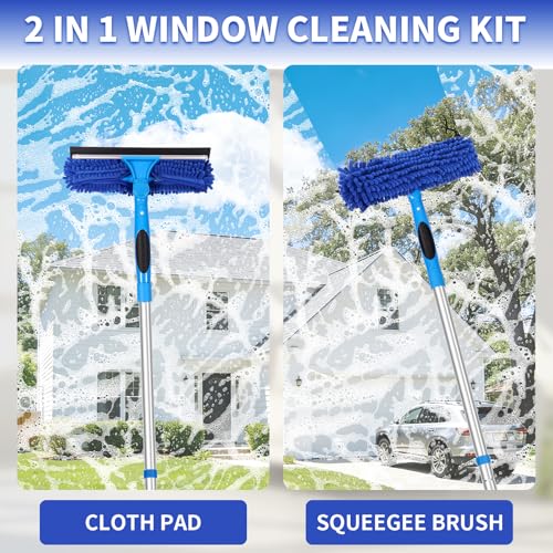 67" Squeegee Window Cleaner, 2 in 1 Professional Window Cleaning Tool Kit with Extension Pole, Window Washing Equipment with Rotatable Head for Indoor Outdoor Windows Car Glass - color: Blue