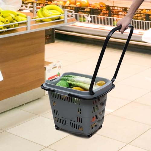 Teyyvn 4 PCS 50L Plastic Rolling Shopping Basket with Handle, Gray