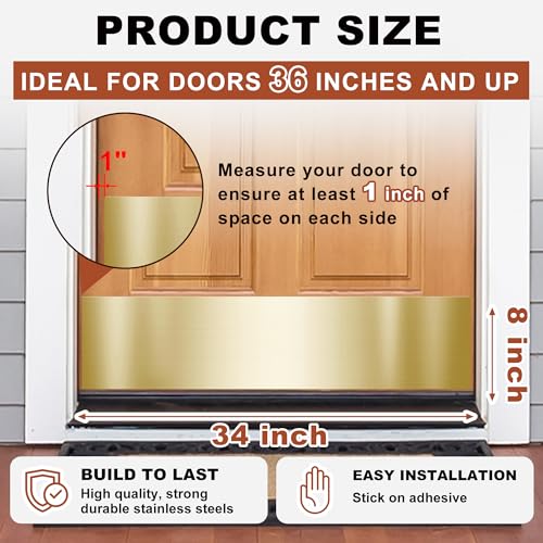 2 PCS 8" x 34" Self Adhesive Brushed Door Kick Plate for 36" Door Bottom - color: Brushed Gold, size: 2 PCS
