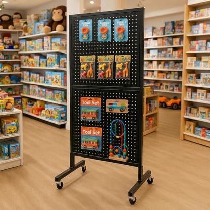 Royxen 5.3 x 1.9 Ft Standing Pegboard Display with T-Base, Locking Wheels and 20 Hooks, Metal Peg Board Display Stand for Craft Shows, Vendors and Retail Stores, Black - color: Black