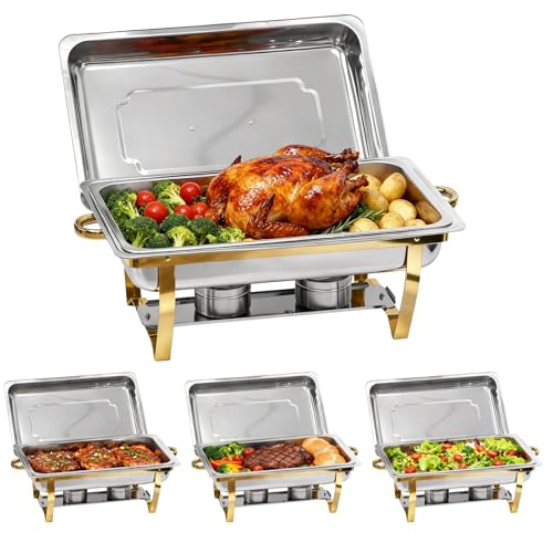 9Qt Chafing Dishes for Buffet, 4 Pack Gold 304 Stainless Steel Chafing Dish Sets, Food Warmers for Parties Buffet,Complete Buffet Servers and Warmers to Keep Food Warm - color: Full Golden