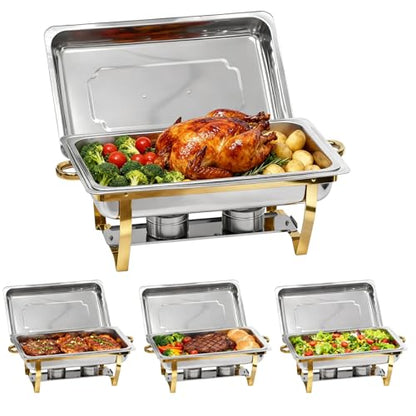 9Qt Chafing Dishes for Buffet, 4 Pack Gold 304 Stainless Steel Chafing Dish Sets, Food Warmers for Parties Buffet,Complete Buffet Servers and Warmers to Keep Food Warm - color: Full Golden