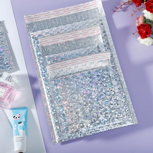 50 Pieces Holographic Bubble Mailers 3 Sizes - color: Glitter Silver