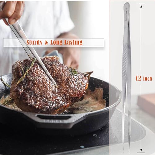 Professional Culinary Stainless Steel Precision Tongs with Serrated Tips, Plating/Food Presentation Detailing Serving Tongs, Chef's Kitchen Tweezer Tongs - Ultra Non-Slip Grip (12" STR Slim) - size: 12" Straight Slim