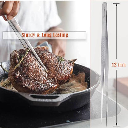 Professional Culinary Stainless Steel Precision Tongs with Serrated Tips, Plating/Food Presentation Detailing Serving Tongs, Chef's Kitchen Tweezer Tongs - Ultra Non-Slip Grip (12" STR Slim) - size: 12" Straight Slim