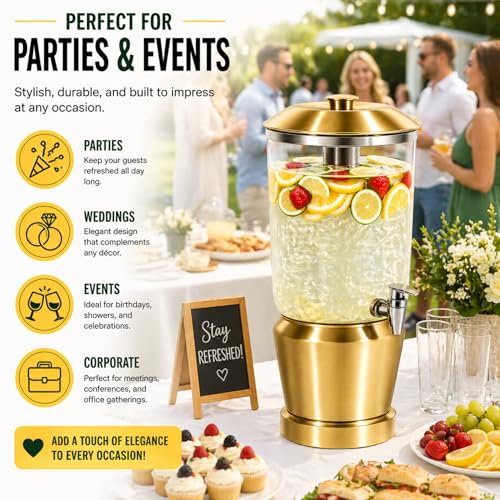 Drink Dispenser with Ice Chambers, Lemonade Tea Water Dispenser with Spigot, Stainless Steel Beverage Jar Jug, Perfect for Home Parties, Weddings, Gifts & Events (Gold, 3, Gallons) - color: Gold