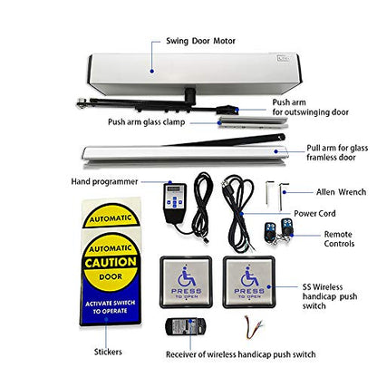 Olideauto Automatic Wireless Handicap Door Opener Swing Opening Frameless Glass Door Operator with 2pcs Wireless&Wired 2-in-1 Handicap Push Buttons