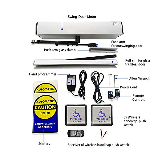 Olideauto Automatic Wireless Handicap Door Opener Swing Opening Frameless Glass Door Operator with 2pcs Wireless&Wired 2-in-1 Handicap Push Buttons