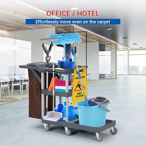 Commercial Traditional Janitorial 3-Shelf Cleaning Cart, Janitorial Carts on Wheels with Cover and Vinyl Bag, Custodial Cart, Housekeeping Carts for Hotels, Stores, Schools, and Business