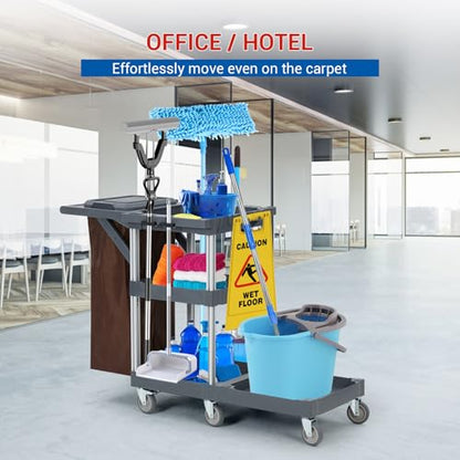 Commercial Traditional Janitorial 3-Shelf Cleaning Cart, Janitorial Carts on Wheels with Cover and Vinyl Bag, Custodial Cart, Housekeeping Carts for Hotels, Stores, Schools, and Business
