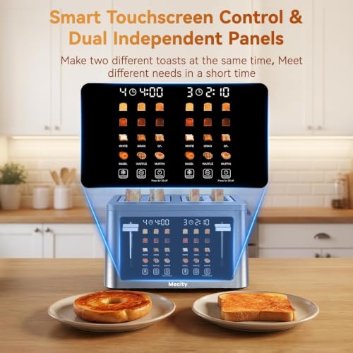 Mecity 4 Slice Touchscreen Toaster, 6 Bread Modes & 6 Browning Levels, Dual Touch Control Wide Slot Stainless Steel Electric Toaster with Memory, Defrost, 3-Min Auto Shutoff for White, Bagels, Waffles - color: 4 Slot-Brushed stainless steel gray