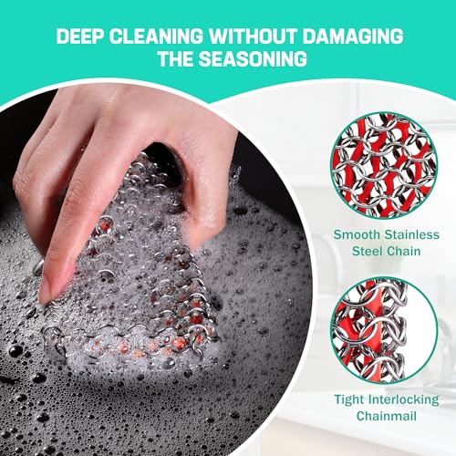 HAUSHOF Cast Iron Scrubber, Chainmail Scrubber Cast Iron Cleaner - color: Red