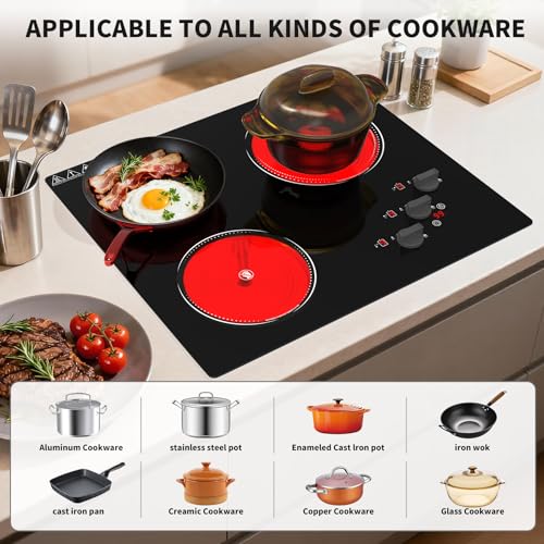 GIHETKUT Electric Cooktop, 220V 5000W Stove Top, 9 Power Levels, Kids Lock & Timer, Hot Surface Indicator, Overheat Protection,knob and touch control 3 Burner Electric cooktop - size: 3 Burner Electric cooktop