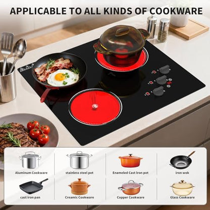 GIHETKUT Electric Cooktop, 220V 5000W Stove Top, 9 Power Levels, Kids Lock & Timer, Hot Surface Indicator, Overheat Protection,knob and touch control 3 Burner Electric cooktop - size: 3 Burner Electric cooktop