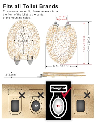 Angol Shiold ELONGATED Gold Foil Resin Toilet Seat Soft Close 18.5Inch - color: Gold Foil