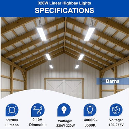 320W | 240W | 160W LED Linear High Bay Light Fixture CCT, 4000K/5000K/6500K LED Workshops Light, 0-10V Dimmable UL/DLC Lighting for Warehouse, Exhibit Halls, Supermarkets, 5 Years Warranty (320 Watts) - style: 320 Watts