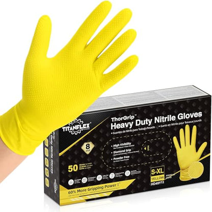 TitanFlex Heavy Duty Industrial Nitrile Gloves with Raised Diamond Texture, 8-mil, Latex Free (Green/Dark Green/Yellow) - color: Yellow (50ct), size: Small