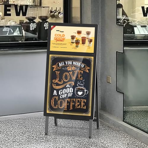 Portable A-Frame Rechargeable Digital Signage Kiosk with LED Message Writing Board, 8H Battery Powered USB Plug & Play Dual Screen, Foldable Advertising Display for Retail Stores, Restaurants