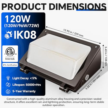120W LED Wall Pack Light, 3CCT 18000LM, Dusk to Dawn Sensor, 2 Pack - size: 120W