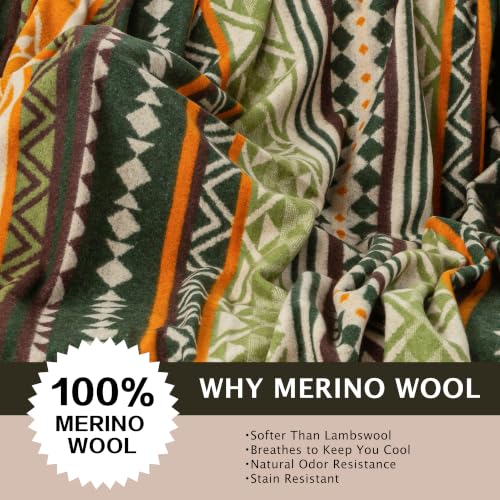 PuTian 100% Wool Blanket - Camping Outdoor Blanket, Geometric Green - color: Geometric Pattern Green, size: 63" × 87"