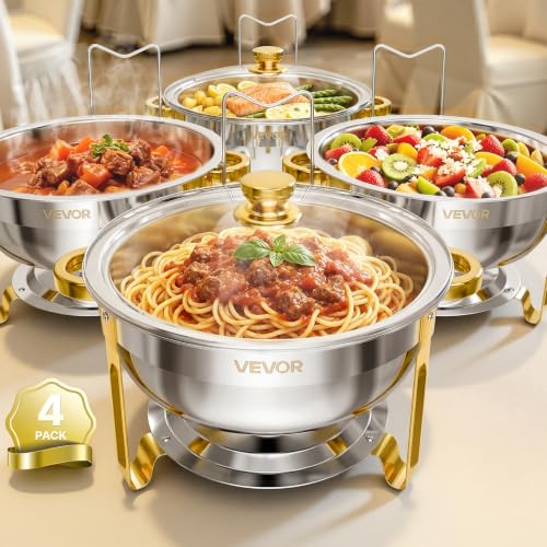 VEVOR 4 Packs Chafing Dishes for Buffet Set, 6QT Stainless Steel Chafer - color: Gold, size: 4packs 6QT&glass lid