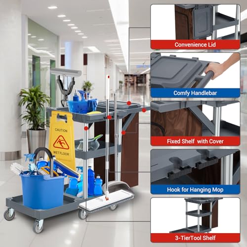CABIHOME Commercial Janitorial Cleaning 3-Shelf Cart on Wheels, 300 lb Capacity, Custodial Cart Housekeeping Carts with Cover and 25 Gal Vinyl Bag, 22" D x 51" W x 37" H, Gray