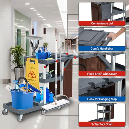 CABIHOME Commercial Janitorial Cleaning 3-Shelf Cart on Wheels, 300 lb Capacity, Custodial Cart Housekeeping Carts with Cover and 25 Gal Vinyl Bag, 22" D x 51" W x 37" H, Gray