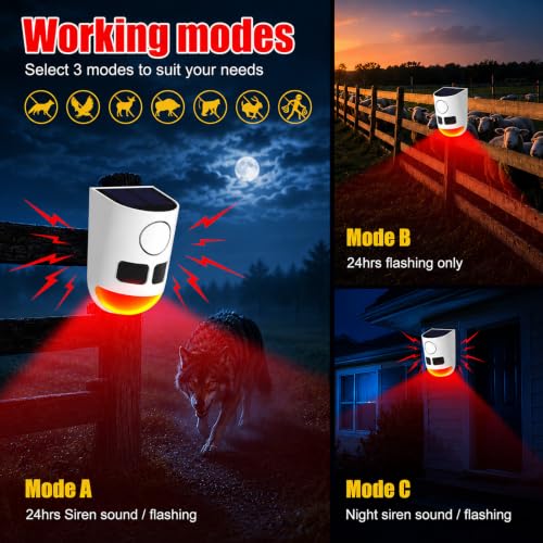 Solar Motion Sensor Alarm with Strobe Light, 130dB Outdoor Security Alarm System, 13 Alarm Sounds with Remote Control, Solar Powered, Waterproof PIR Motion Detector for Farm Yard Garden Orchard.1PCS