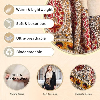 DANA XU 100% Merino Wool Extra Large Pashmina Shawl for Women - color: Navy Beige Paisley