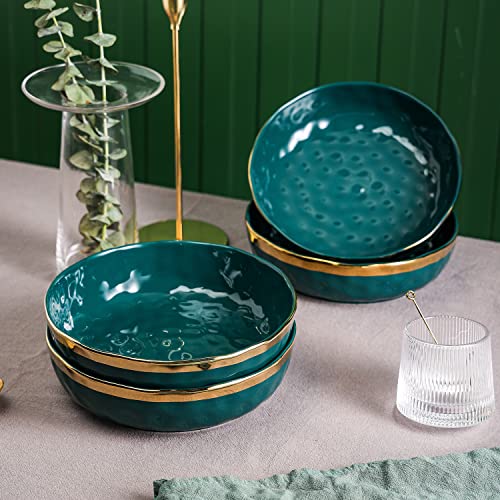 Stone Lain Florian 4-Piece Round Pasta Bowl Set, Green with Gold Rim - color: Green with Gold Rim, size: 4-Piece Pasta Bowl