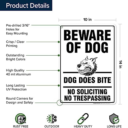 Beware of Dog, Dog Does Bite No Soliciting No Trespassing Sign, 10x14 - size: 10x14 - Aluminum