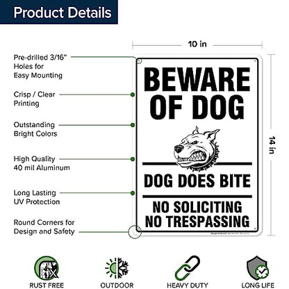 Beware of Dog, Dog Does Bite No Soliciting No Trespassing Sign, 10x14 - size: 10x14 - Aluminum